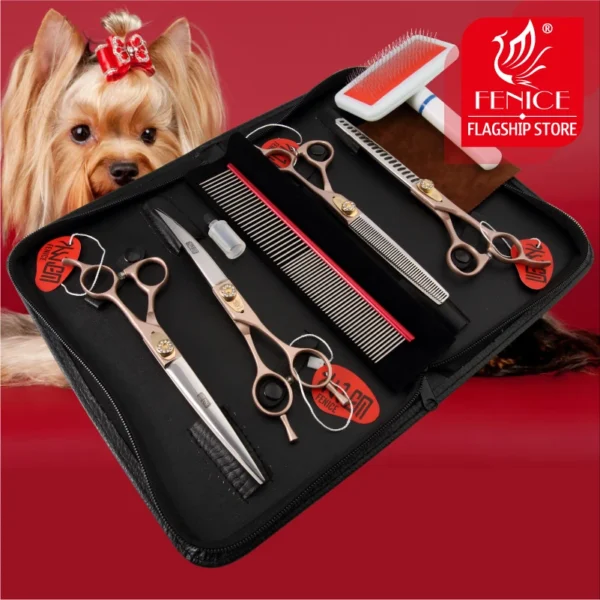 Dog Grooming Kit Fenice Scissors Set With Straight & Curved Blades