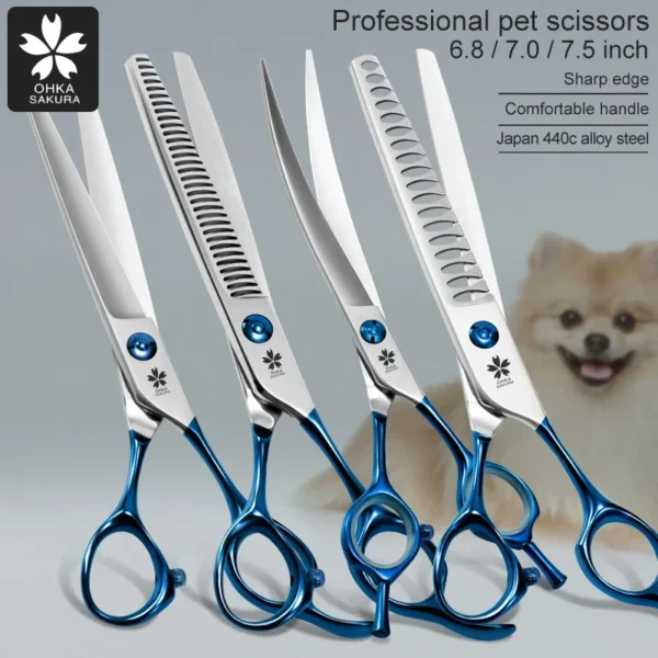 Professional Dog Grooming Kit: Blue Handle Curved Scissors