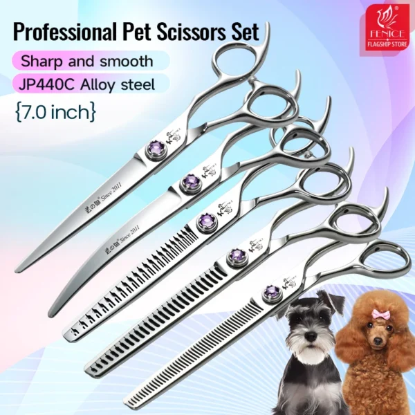 Dog Grooming Clippers Kit 7 Inch Straight, Thinner, Curved Shears Set