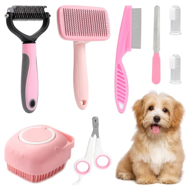Dog Grooming Kit With Self-Cleaning Brush, Nail Clippers, Flea Comb & More